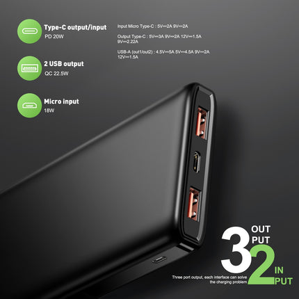 Esoulk EP30-BK:10000mAh PD20W+QC 22.5W POWER BANK